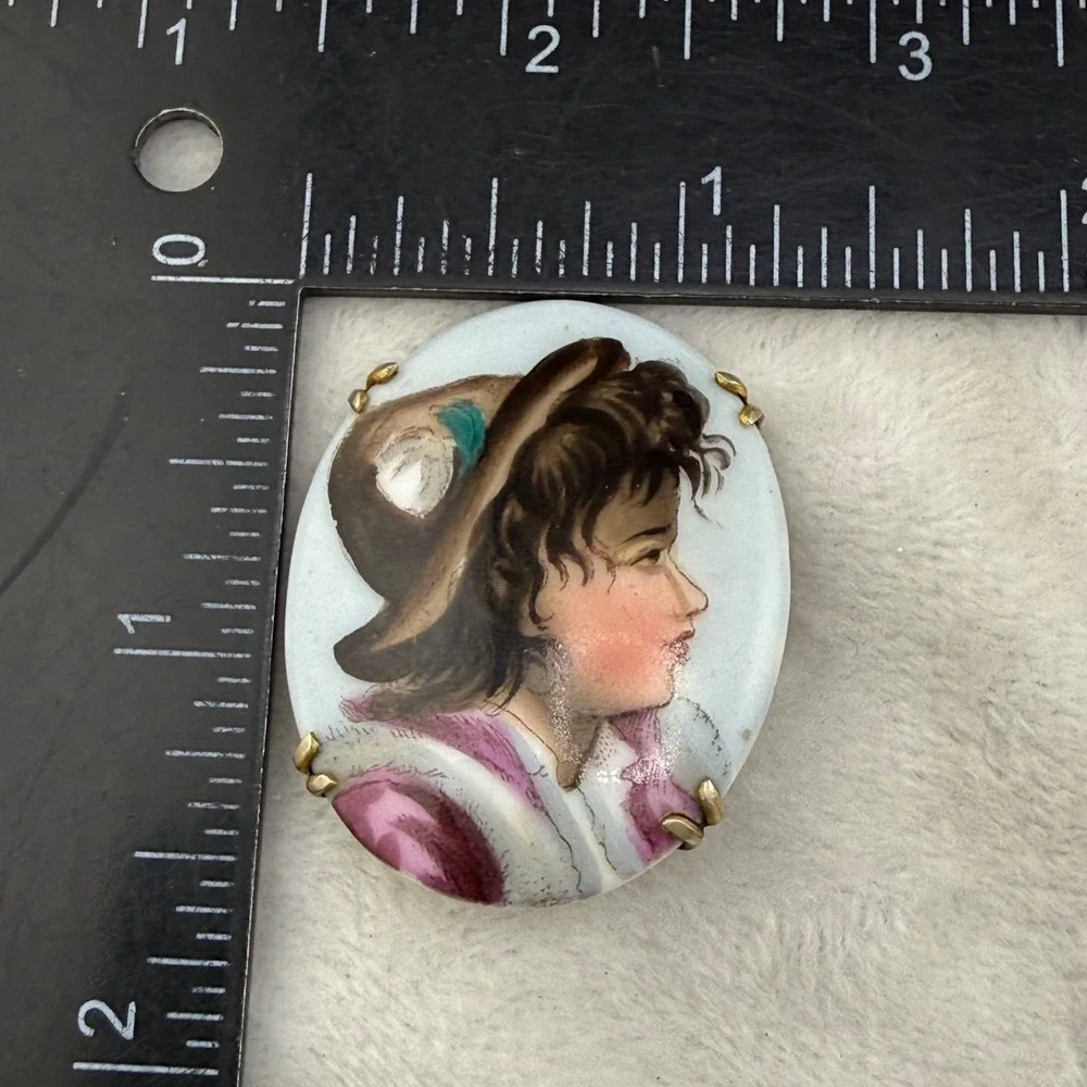 Vintage Victorian Hand Painted Porcelain Brooch Little Girl With Hat